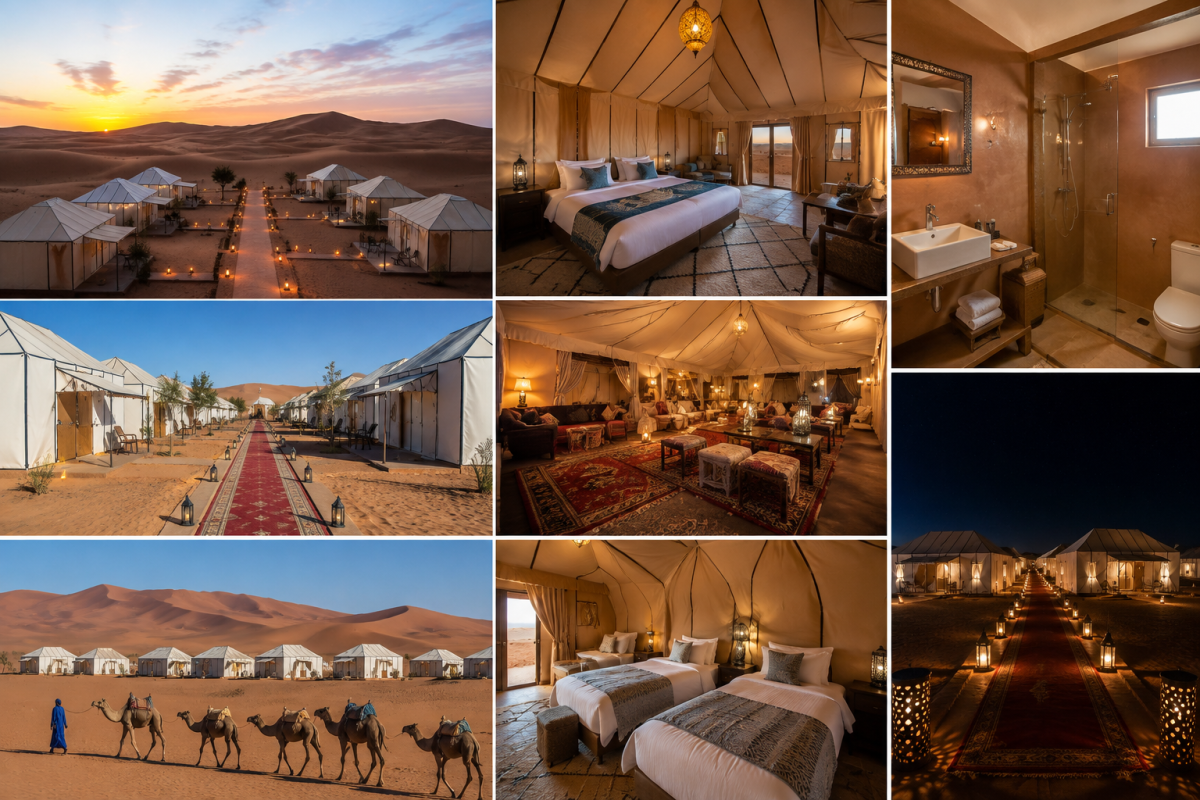Moroccan desert camp accommodation showing tent exteriors, furnished bedrooms, private bathroom facilities, shared lounge areas, and lantern-lit pathways between the tents.