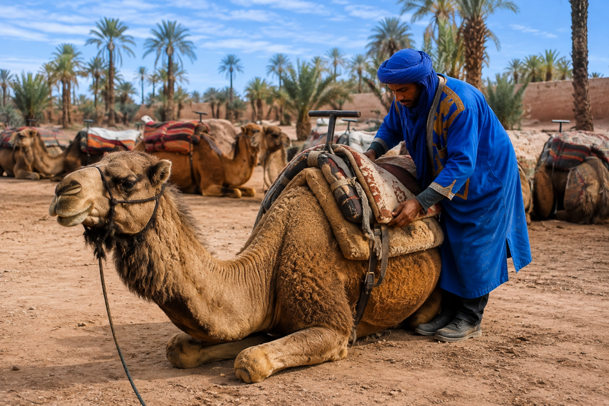 Moroccan guide carefully adjusting a camel saddle in a desert oasis