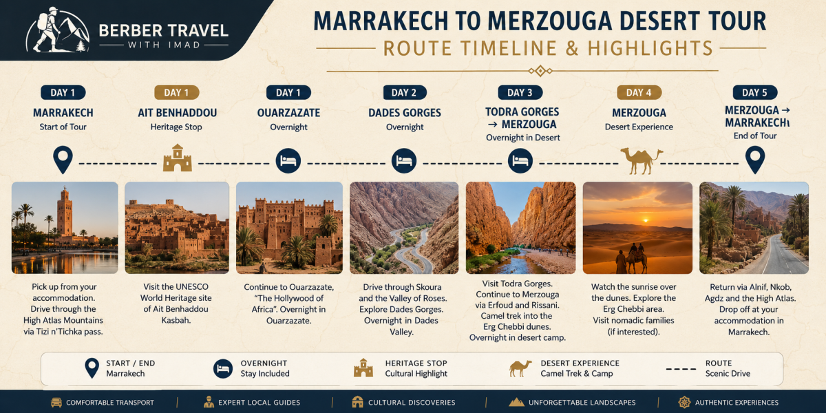 Marrakech to Merzouga desert tour route timeline showing Ait Benhaddou, Ouarzazate, Dades Gorges, Todra Gorges, Merzouga and desert experiences.