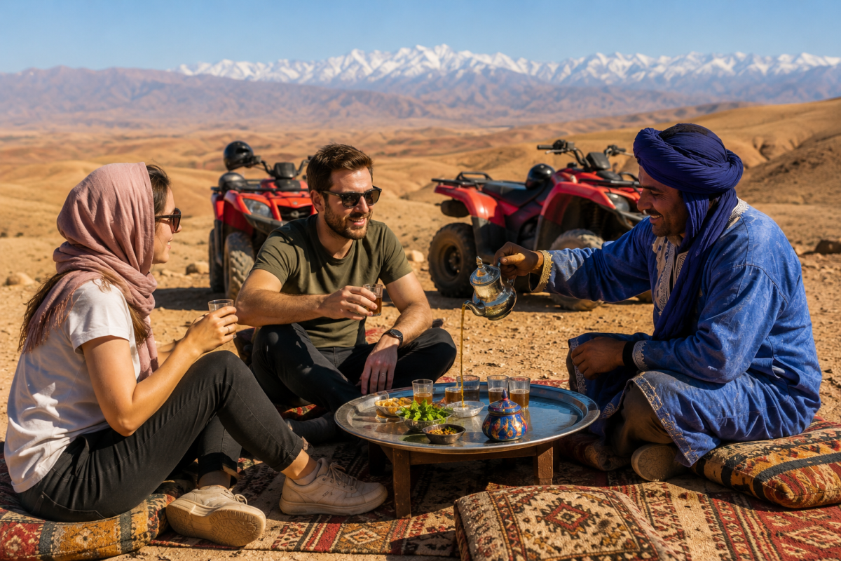 Travelers enjoying Moroccan mint tea during a desert break with ATVs and Atlas Mountains in the background
