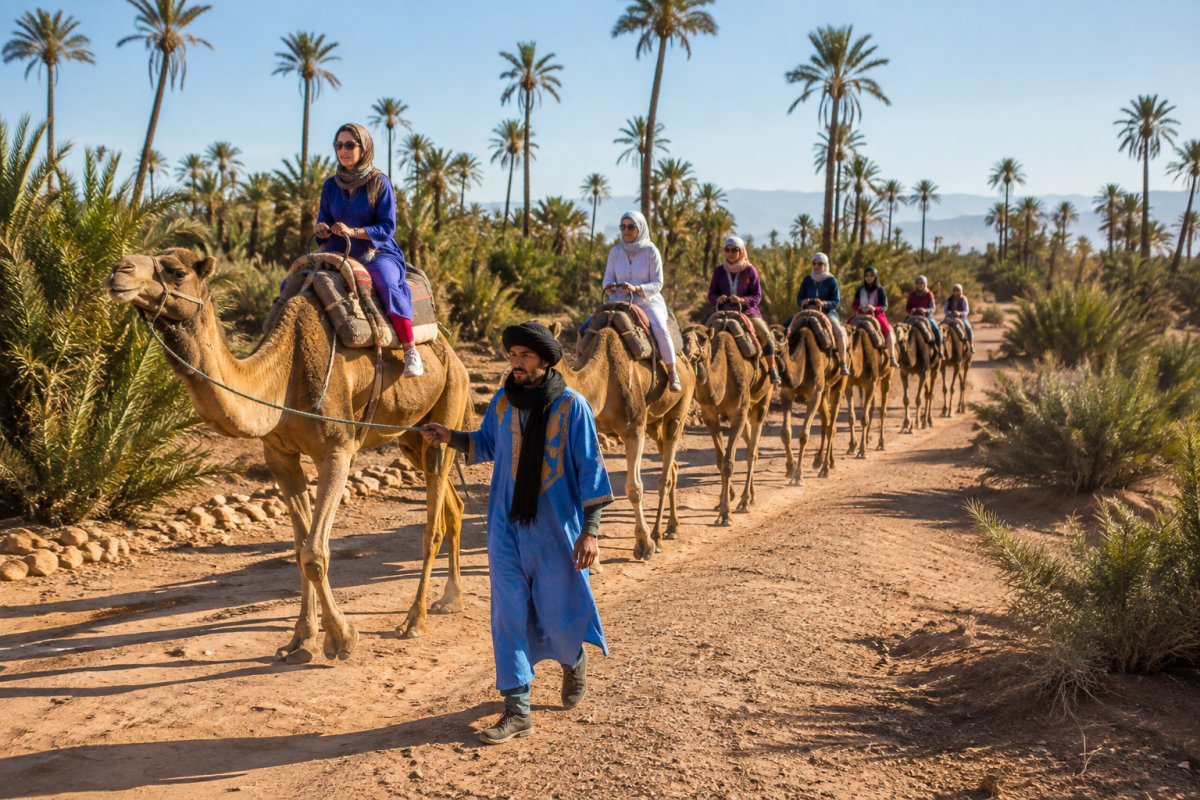 Tourists riding camels with a local guide through palm groves in Morocco