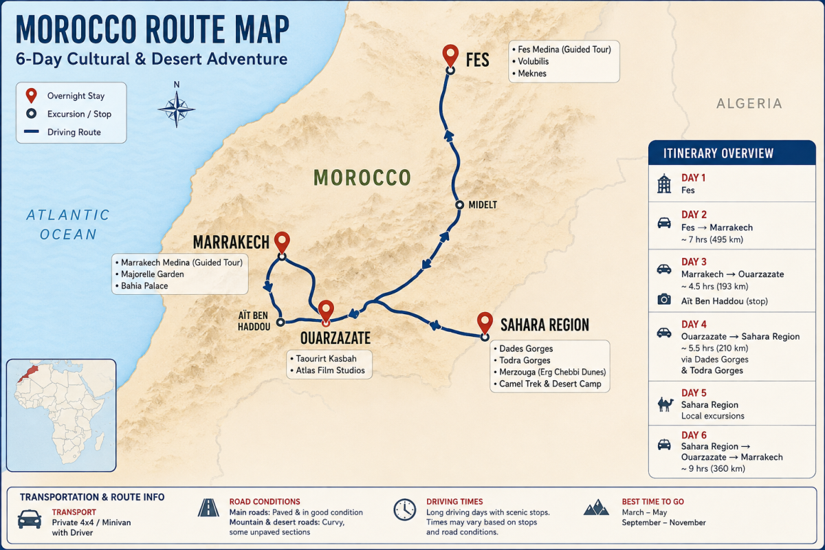 Morocco route map showing Fes, Marrakech, Aït Ben Haddou, Ouarzazate, and the Sahara region, with the main driving route and key itinerary stops.